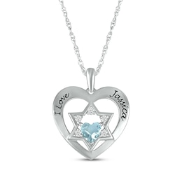 Heart-Shaped Aquamarine & White Lab-Created Sapphire Heart & Star of David Necklace Sterling Silver 18"