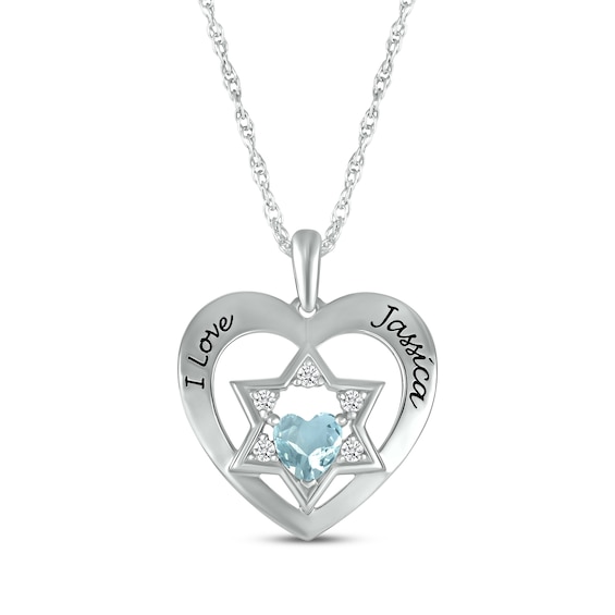 Heart-Shaped Aquamarine & White Lab-Created Sapphire Heart & Star of David Necklace Sterling Silver 18"