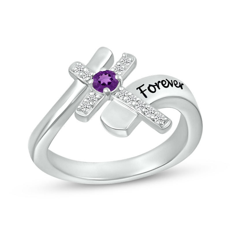 Main Image 1 of Amethyst & White Lab-Created Sapphire Cross Ring Sterling Silver