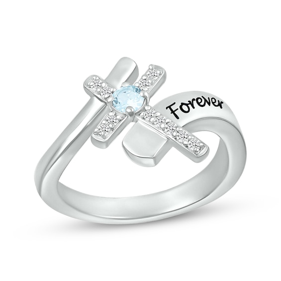 Aquamarine & White Lab-Created Sapphire Cross Ring Sterling Silver