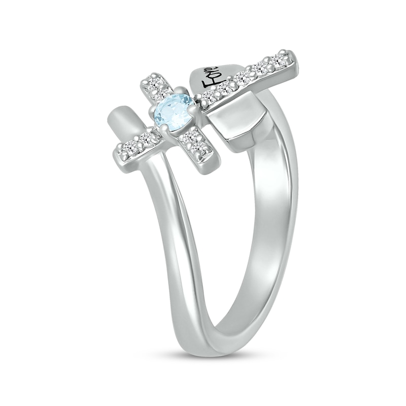 Main Image 2 of Aquamarine & White Lab-Created Sapphire Cross Ring Sterling Silver
