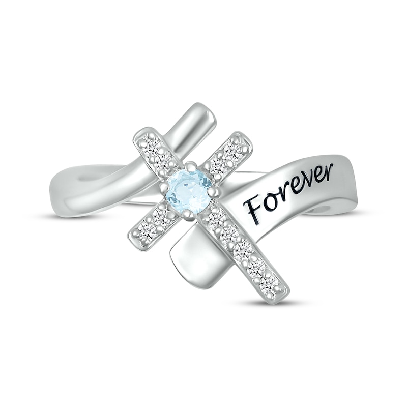 Main Image 4 of Aquamarine & White Lab-Created Sapphire Cross Ring Sterling Silver
