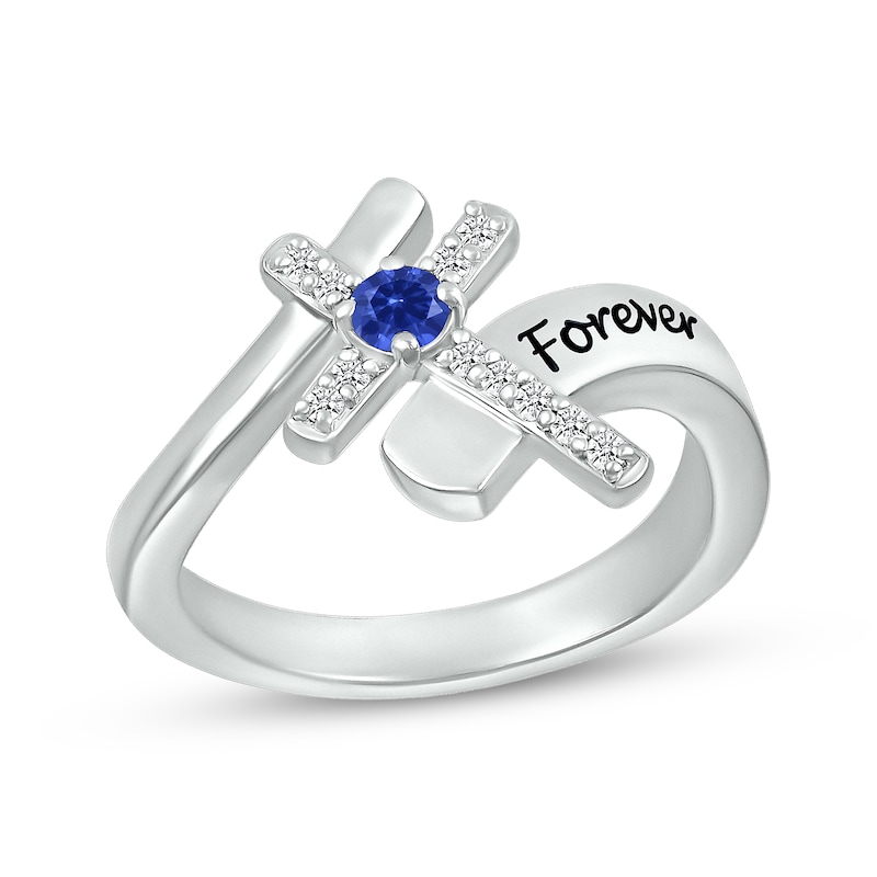 Main Image 1 of Blue Lab-Created Sapphire & White Lab-Created Sapphire Cross Ring Sterling Silver