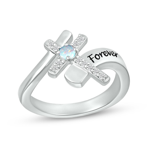 Lab-Created Opal & White Lab-Created Sapphire Cross Ring Sterling Silver