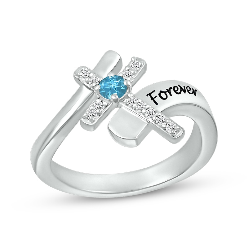 Main Image 1 of Blue Topaz & White Lab-Created Sapphire Cross Ring Sterling Silver