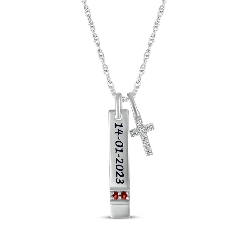 Main Image 1 of Garnet & White Lab-Created Sapphire Vertical Bar & Cross Necklace Sterling Silver 18”