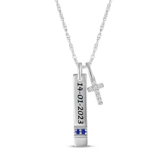 Blue Lab-Created Sapphire & White Lab-Created Sapphire Vertical Bar & Cross Necklace Sterling Silver 18”