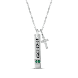 Lab-Created Emerald & White Lab-Created Sapphire Vertical Bar & Cross Necklace Sterling Silver 18”