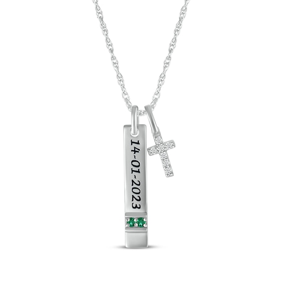 Lab-Created Emerald & White Lab-Created Sapphire Vertical Bar & Cross Necklace Sterling Silver 18”