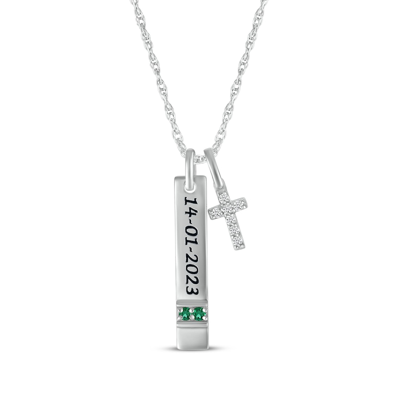 Main Image 1 of Lab-Created Emerald & White Lab-Created Sapphire Vertical Bar & Cross Necklace Sterling Silver 18”