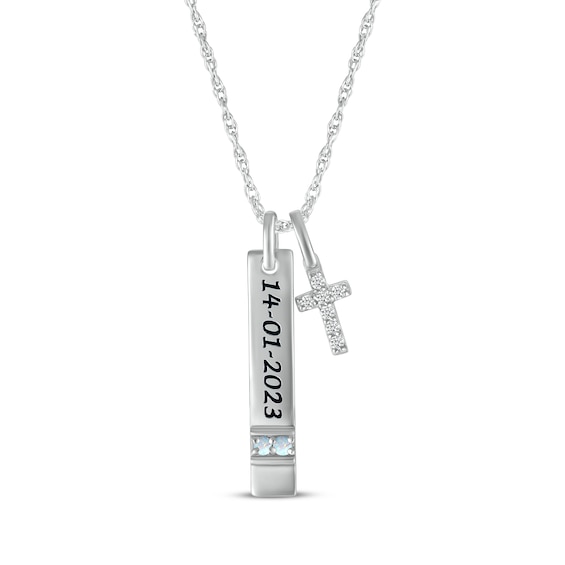 Lab-Created Opal & White Lab-Created Sapphire Vertical Bar & Cross Necklace Sterling Silver 18”