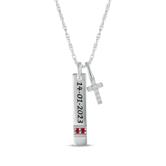 Lab-Created Ruby & White Lab-Created Sapphire Vertical Bar & Cross Necklace Sterling Silver 18”