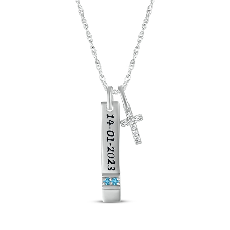Main Image 1 of Blue Topaz & White Lab-Created Sapphire Vertical Bar & Cross Necklace Sterling Silver 18”
