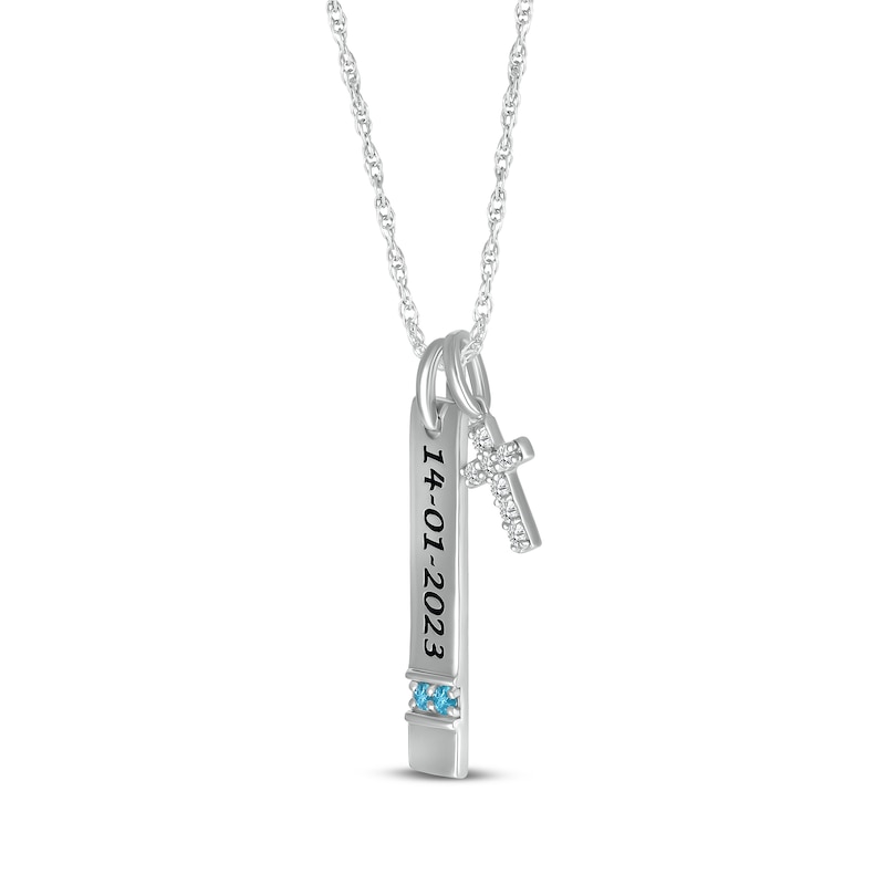 Main Image 2 of Blue Topaz & White Lab-Created Sapphire Vertical Bar & Cross Necklace Sterling Silver 18”