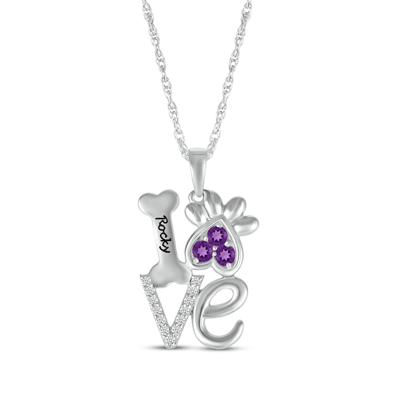 Amethyst & White Lab-Created Sapphire Love, Bone & Dog Paw Necklace Sterling Silver 18"