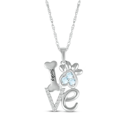 Aquamarine & White Lab-Created Sapphire Love, Bone & Dog Paw Necklace Sterling Silver 18"