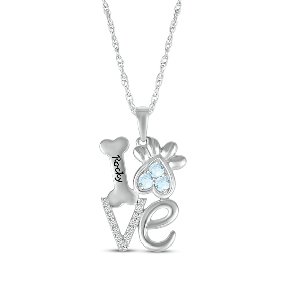 Aquamarine & White Lab-Created Sapphire Love, Bone & Dog Paw Necklace Sterling Silver 18"