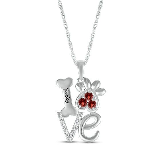 Garnet & White Lab-Created Sapphire Love, Bone & Dog Paw Necklace Sterling Silver 18"