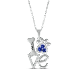 Blue Lab-Created Sapphire & White Lab-Created Sapphire Love, Bone & Dog Paw Necklace Sterling Silver 18"