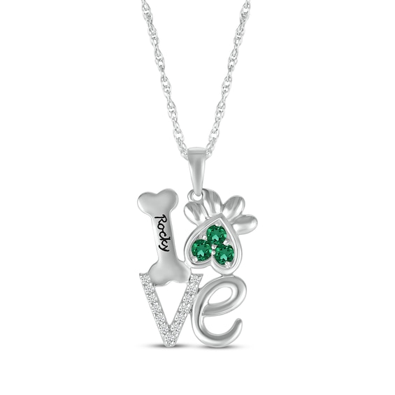 Lab-Created Emerald & White Lab-Created Sapphire Love, Bone & Dog Paw Necklace Sterling Silver 18"