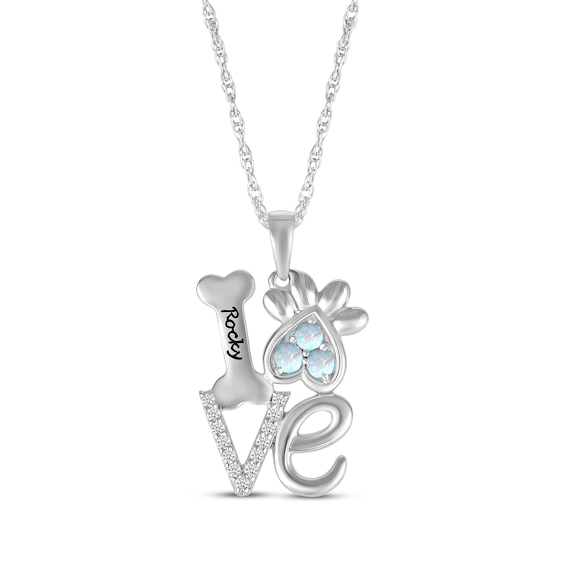 Lab-Created Opal & White Lab-Created Sapphire Love, Bone & Dog Paw Necklace Sterling Silver 18"