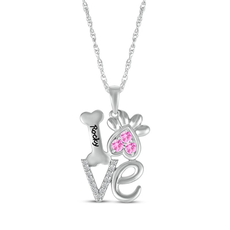 Main Image 1 of Pink Lab-Created Sapphire & White Lab-Created Sapphire Love, Bone & Dog Paw Necklace Sterling Silver 18&quot;