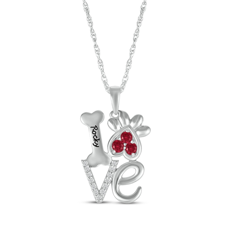Main Image 1 of Lab-Created Ruby & White Lab-Created Sapphire Love, Bone & Dog Paw Necklace Sterling Silver 18&quot;