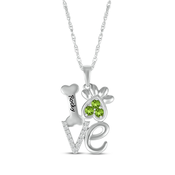 Peridot & White Lab-Created Sapphire Love, Bone & Dog Paw Necklace Sterling Silver 18"