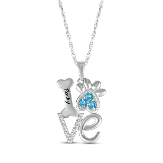 Blue Topaz & White Lab-Created Sapphire Love, Bone & Dog Paw Necklace Sterling Silver 18"