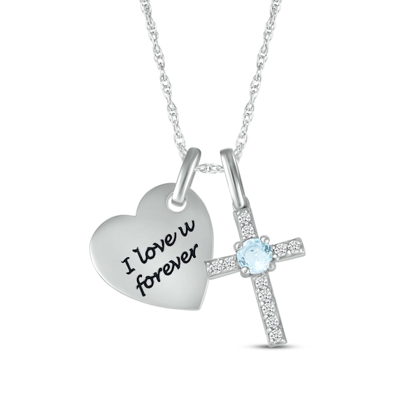 Aquamarine & White Lab-Created Sapphire Heart & Cross Necklace Sterling Silver 18"