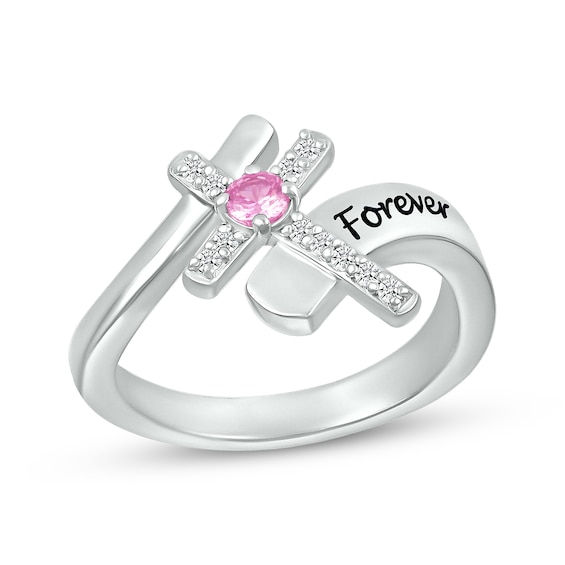 Pink Lab-Created Sapphire & White Lab-Created Sapphire Cross Ring Sterling Silver