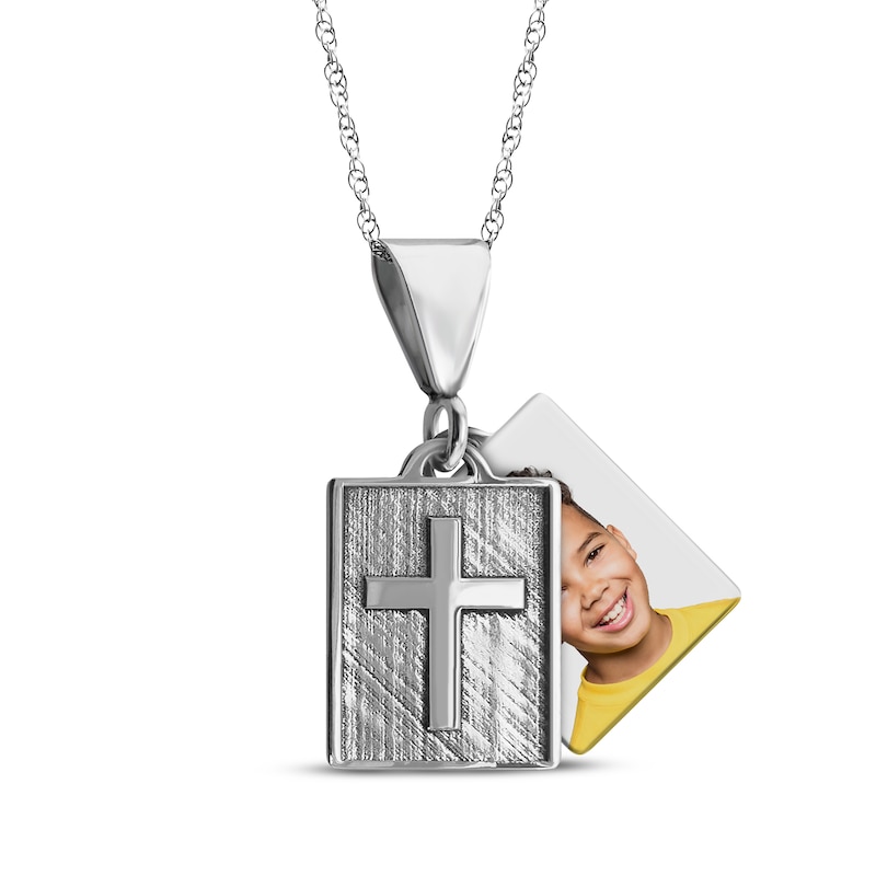 Main Image 1 of Square Photo & Cross Necklace Sterling Silver 18&quot;