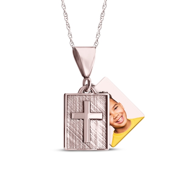 Square Photo & Cross Necklace 10K Rose Gold 18"