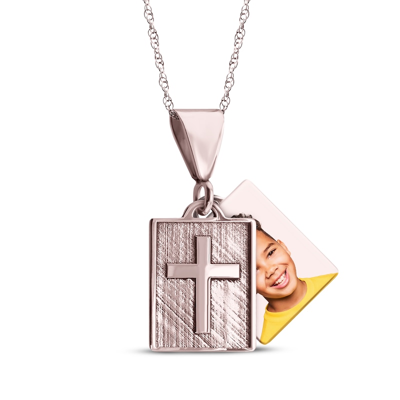 Main Image 1 of Square Photo & Cross Necklace 10K Rose Gold 18&quot;