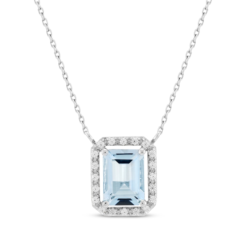 Emerald-Cut Aquamarine & Diamond Necklace 1/10 ct tw 10K White Gold 18"