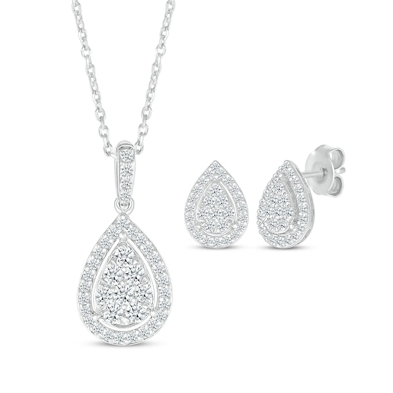 Multi-Diamond Center Pear-Shaped Necklace & Earrings Gift Set 1 ct tw 10K White Gold