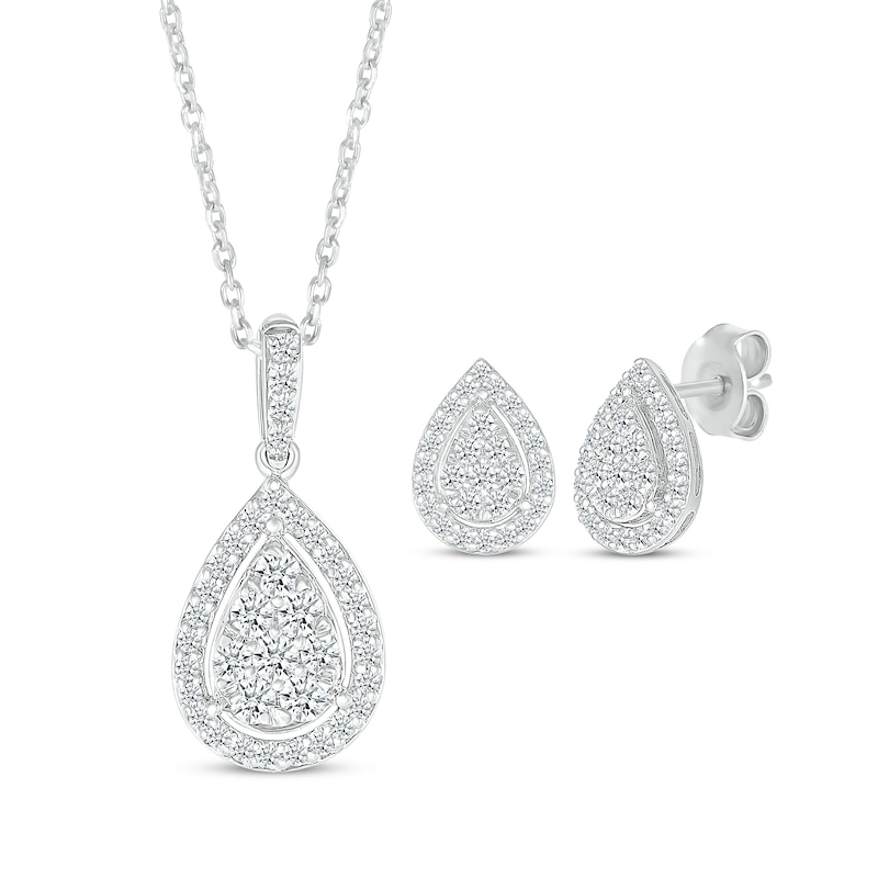 Multi-Diamond Center Pear-Shaped Necklace & Earrings Gift Set 1 ct tw 10K White Gold