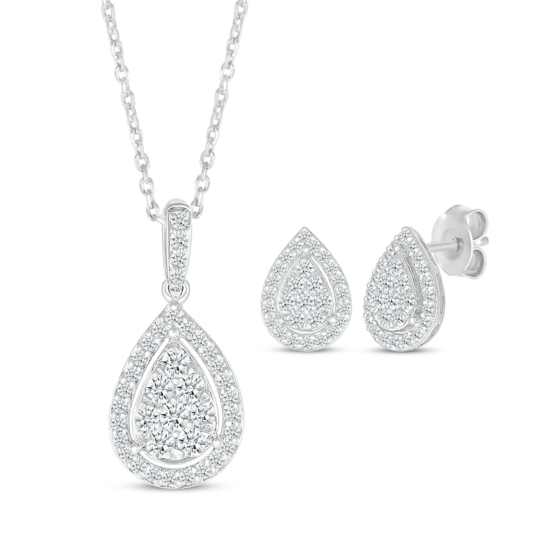Main Image 1 of Multi-Diamond Center Pear-Shaped Necklace & Earrings Gift Set 1 ct tw 10K White Gold
