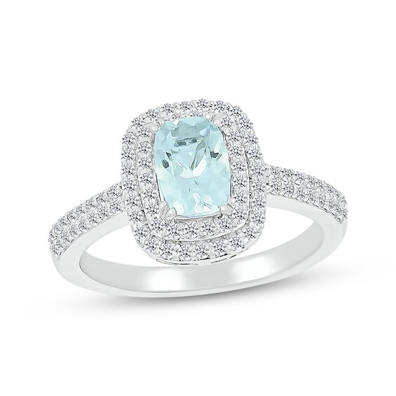 Cushion-Cut Aquamarine & White Lab-Created Sapphire Double Halo Ring Sterling Silver