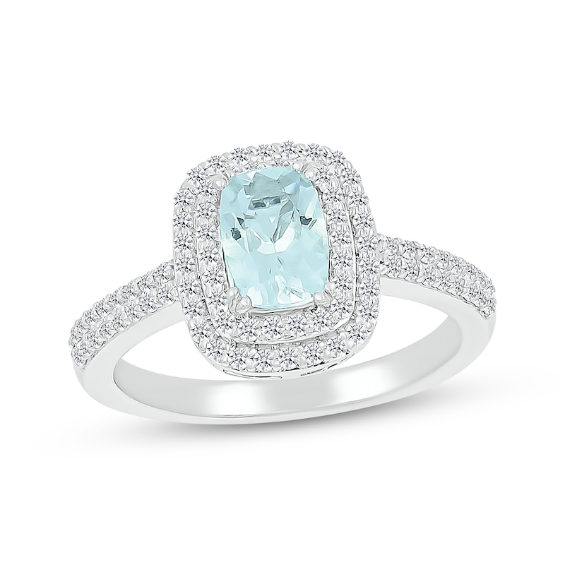 Cushion-Cut Aquamarine & White Lab-Created Sapphire Double Halo Ring Sterling Silver