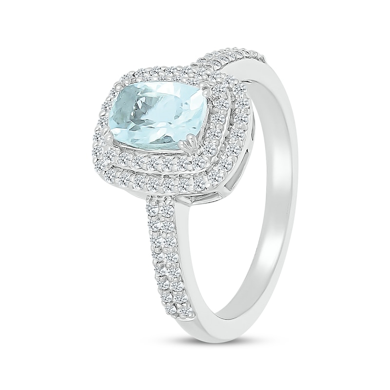 Cushion-Cut Aquamarine & White Lab-Created Sapphire Double Halo Ring Sterling Silver