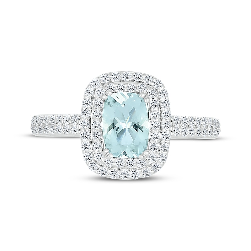 Cushion-Cut Aquamarine & White Lab-Created Sapphire Double Halo Ring Sterling Silver