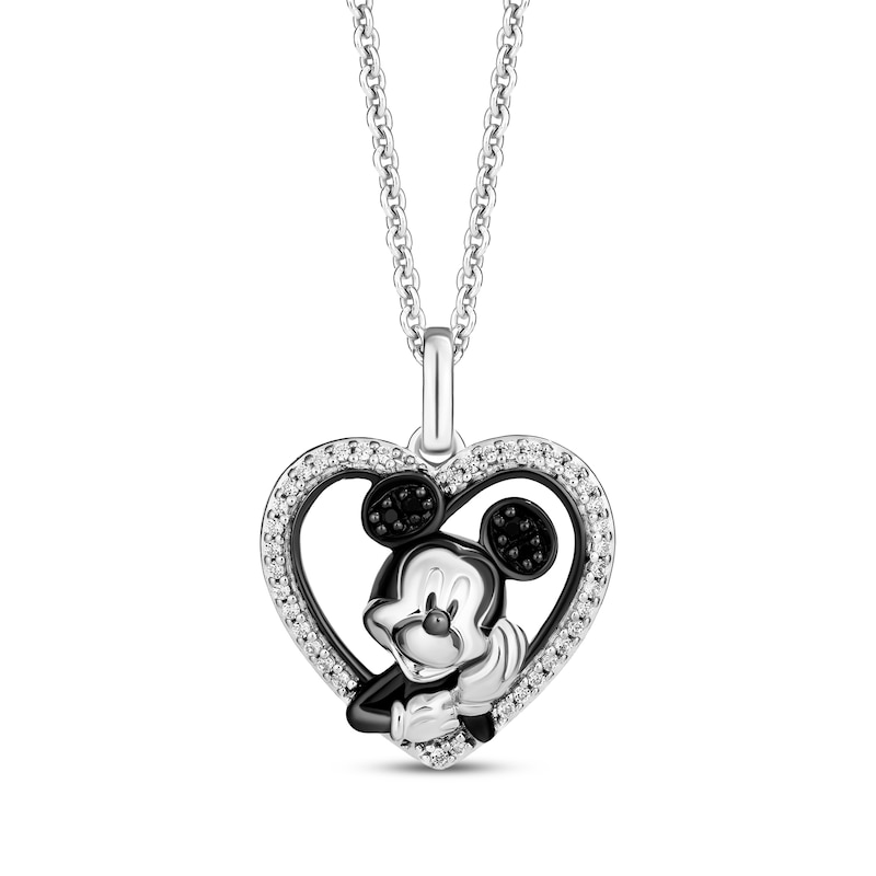Disney's Mickey Mouse Black & White Diamond Heart Necklace 1/8 ct tw Sterling Silver 19"