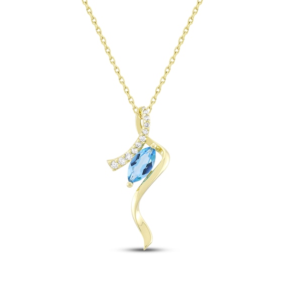 Marquise-Cut Swiss Blue Topaz & Diamond Swirl Necklace 1/10 ct tw 14K Yellow Gold 18"