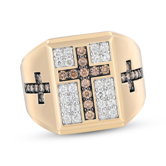 Men's Brown & White Diamond Cross Ring 1 ct tw 10K Yellow Gold