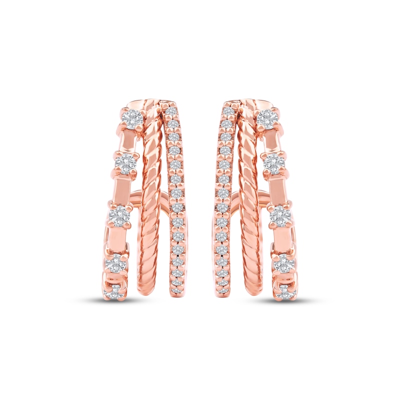 Main Image 2 of Diamond Three-Row Split J-Hoop Huggie Earrings 1/4 ct tw 10K Rose Gold
