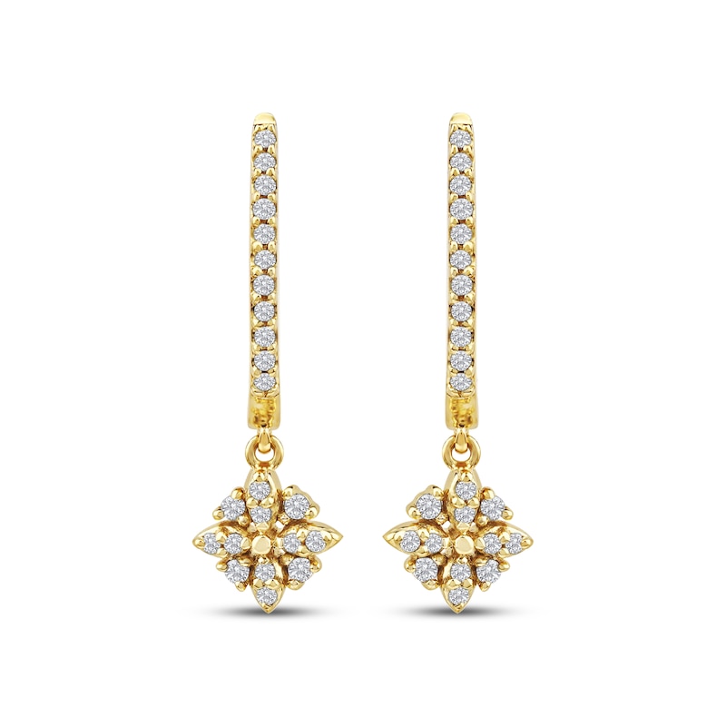 Main Image 2 of Diamond Flower Dangle Hoop Earrings 1/6 ct tw 10K Yellow Gold