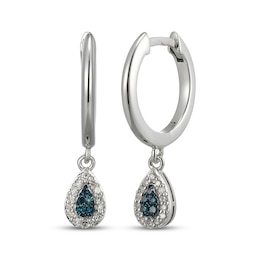 Blue & White Multi-Diamond Teardrop Dangle Hoop Earrings 1/8 ct tw Sterling Silver