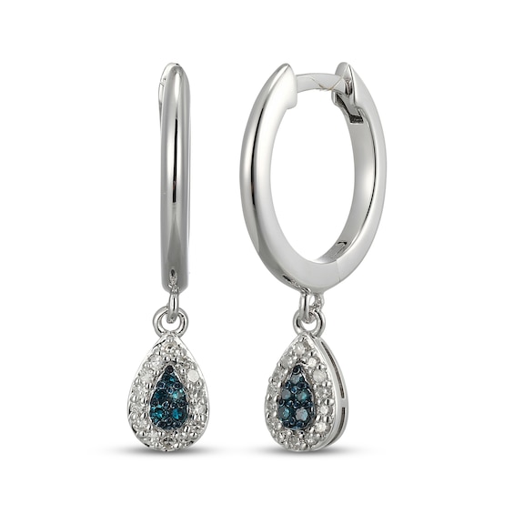 Blue & White Multi-Diamond Teardrop Dangle Hoop Earrings 1/8 ct tw Sterling Silver