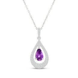 Pear-Shaped Amethyst & White Lab-Created Sapphire Teardrop Necklace Sterling Silver 18"